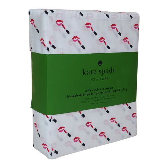 Kate Spade New York Twin XL 3-Piece Sheet Set Lipstick Kiss Print Black Red Pint - Picture 5 of 9
